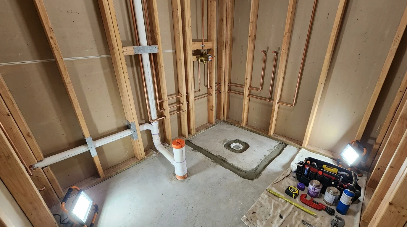 Bathroom rough-in plumbing during remodel by Johns Plumbing LLC in Casper