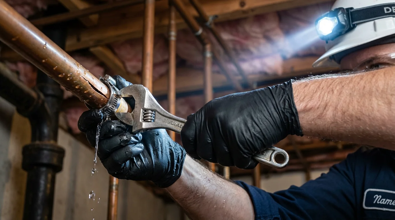 Emergency pipe clamp repair being performed by a Johns Plumbing LLC plumber in Casper