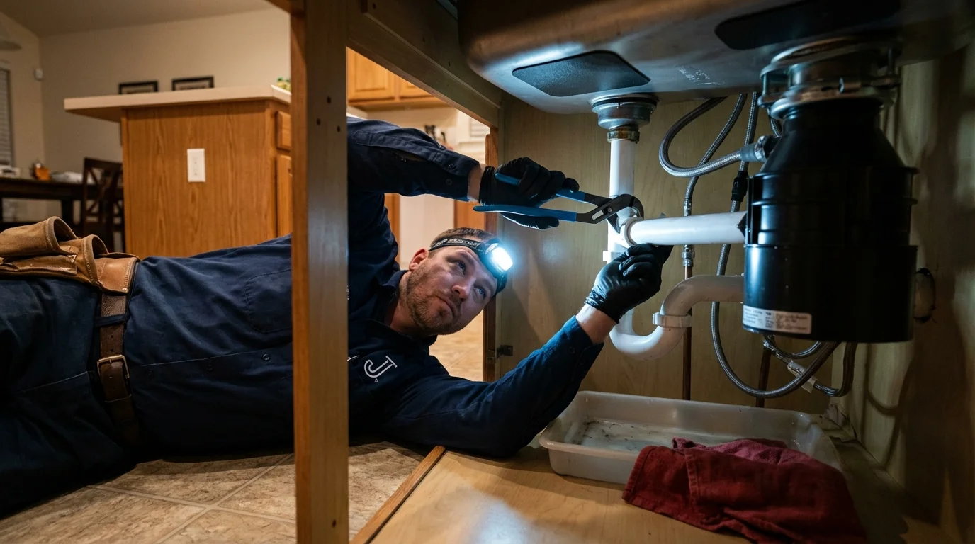 P-trap and supply line connections under a kitchen sink showing a common leak point in Casper, WY